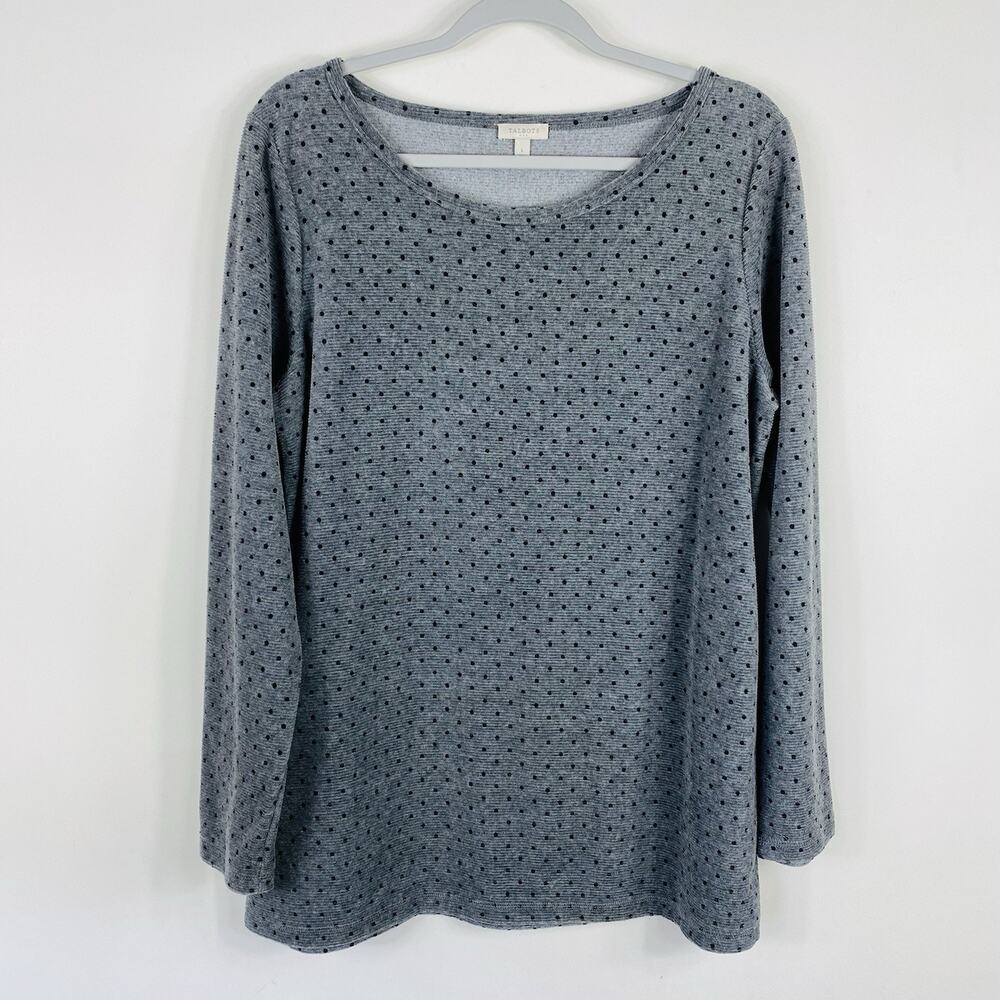 Talbots Top Large Gray Polka Dot Ribbed Velour Long Sleeve